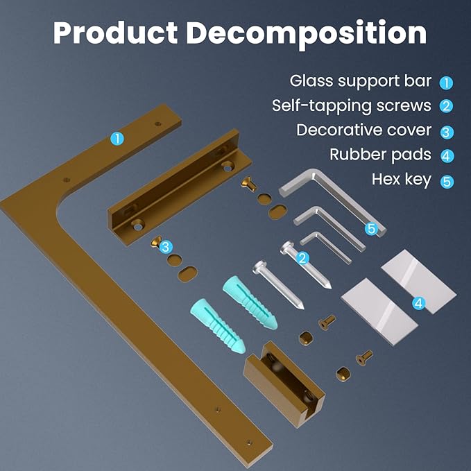 Shower Glass Support Bar, Both Sides Available, Frameless Bathroom Glass Clamp