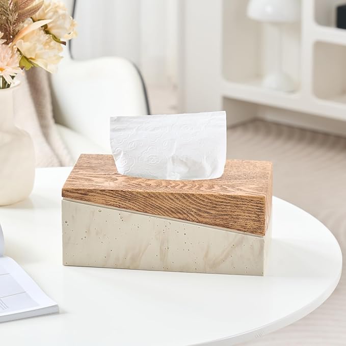 Rectangular Natural Travertine and Rustic Wood Textures Tissue Box Cover for Bathroom,Livingroom,Bedroom, Hand-Made Resin Wood Inlaid Travertine Tissue Box Holder,10 x 5.7 x 4.5 in