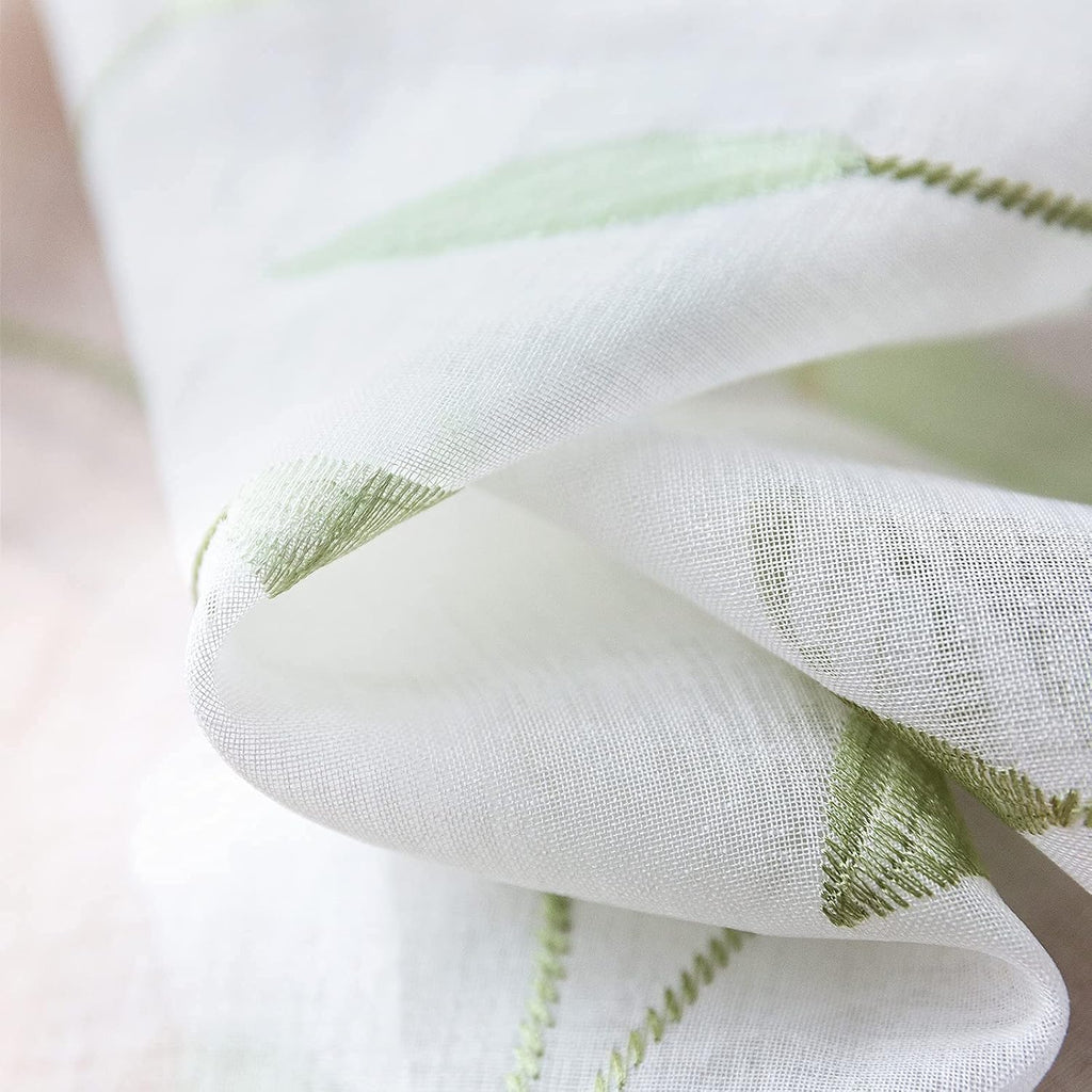 Embroidered Sheer Curtains Floral Leaf White Sheer Curtain for Bedroom Living Room Kitchen Rustic Voile Drapes Privacy Window Treatment Set of 2 Panels 96 Inches Long Grommet Top Green on White