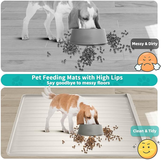 Dog Mat for Food and Water - 39.4" x 27" Large Pet Feeding Mats with Residue Collection Pocket - Waterproof Dog Cat Bowl Mat with High Edges to Prevent Water and Food Spills (Cream)