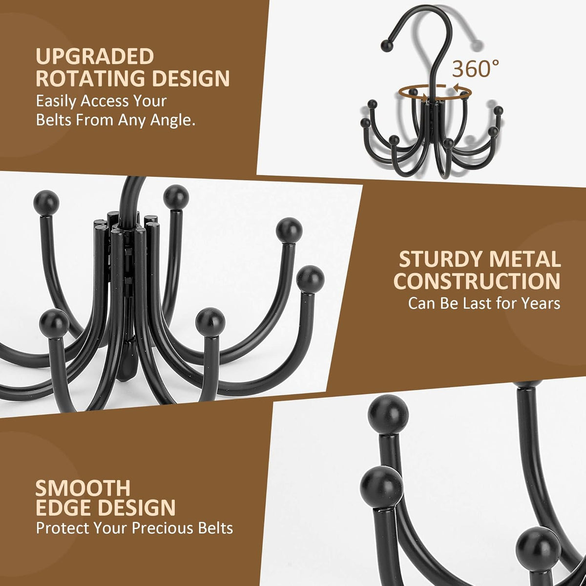 ZEDODIER Belt Hanger, Belt Rack Closet Accessories Organizer, Maximum 24 Storage Capacity, Hanging Holder Storage Hook for Belt, Bra, Tank Top, Tie, Scarf, Purse, Black