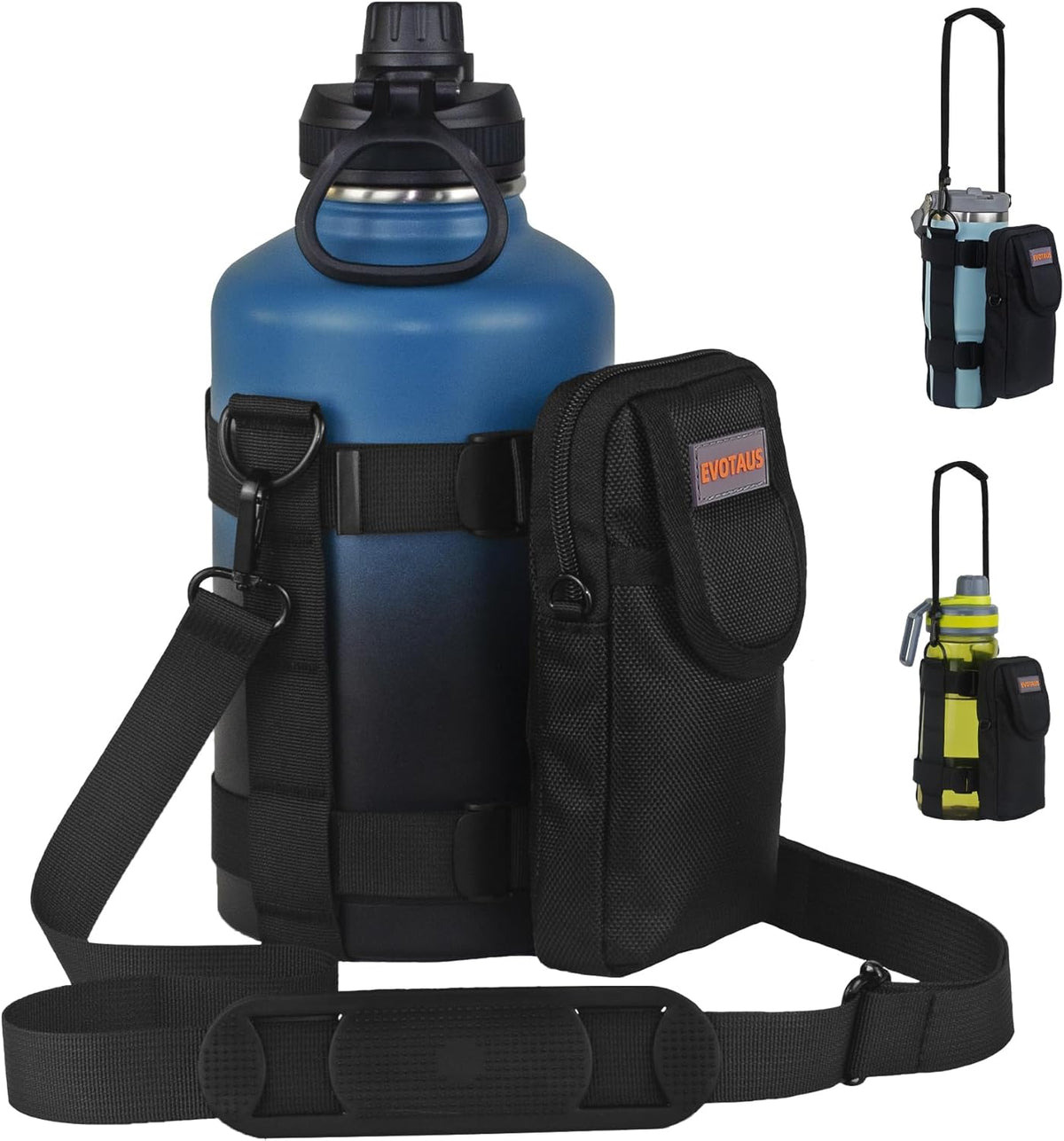 Water Bottle Holder with Strap - MOLLE Bottle Carrier Sling for Walking - Manual Strap Adjustment for Precise Fit of Most 18-64 oz Bottles (Check Size Fit Guide), Black
