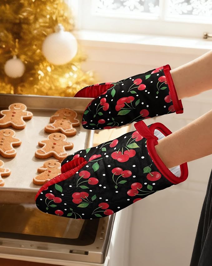 Slohif Cherry Mini Oven Mitts Set – Red Extended Short Heat Resistant Kitchen Gloves for Women, 100% Cotton Oven Mitts with Silicone Grips, Non-Slip and Thick Durable for Cooking & Baking