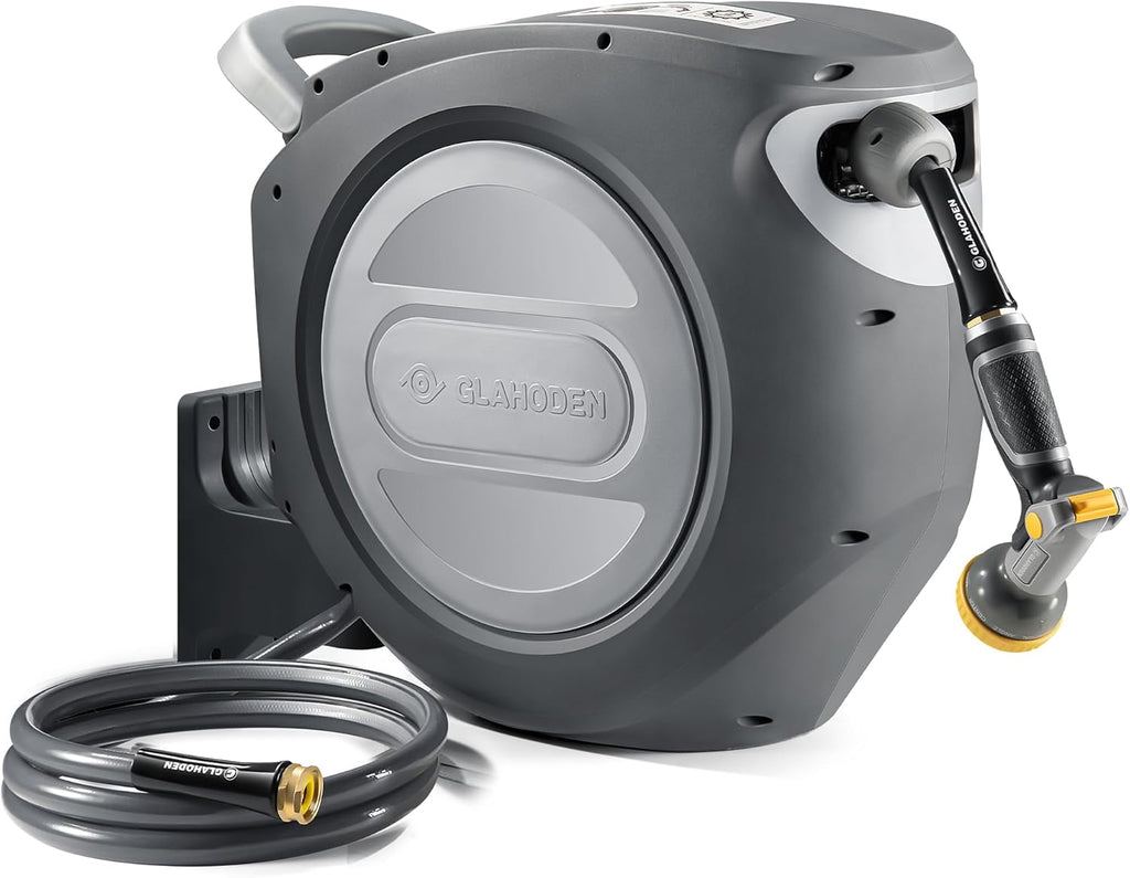GLAHODEN Retractable Garden Hose Reel 1/2 in x 155 ft Upgraded UV Resistant Heavy Duty Automatic Hose Reel Metal Wall Mount 3/4 in Brass Fitting 9 Pattern Nozzle Any Length Lock Slow Retraction