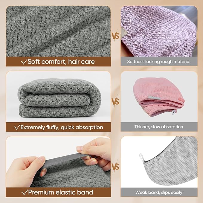 HOMEXCEL 5 Pack Large Microfiber Hair Towel Wrap for Women, Grey- 40 x 20 inches Super Soft, Fast Drying Turbans for Long, Thick, Curly Hair - Anti Frizz Wrap with Elastic Strap