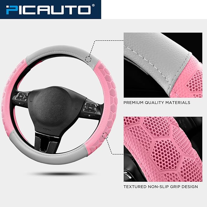 PIC AUTO Massage Steering Wheel Cover, Pink Football Pattern Material Spliced & Gray Leather Car Steering Wheel Cover, Car Steering Cover, Universal Fit 14.5"-15.5" for Cars, Trucks, Van, SUVs