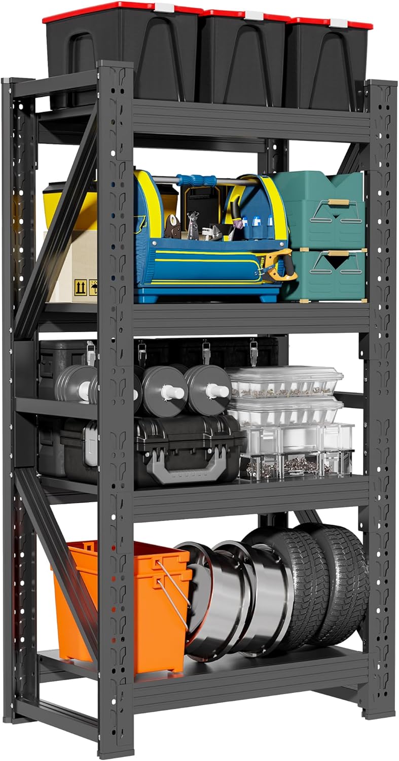 4-Tier Storage Shelves,79" H Heavy-Duty Garage Shelving Unit,Adjustable Industrial Metal Shelf System,3,400lbs Capacity,Tool Organizer for Garage,Workshop,42" W*20" D*79" H,Black