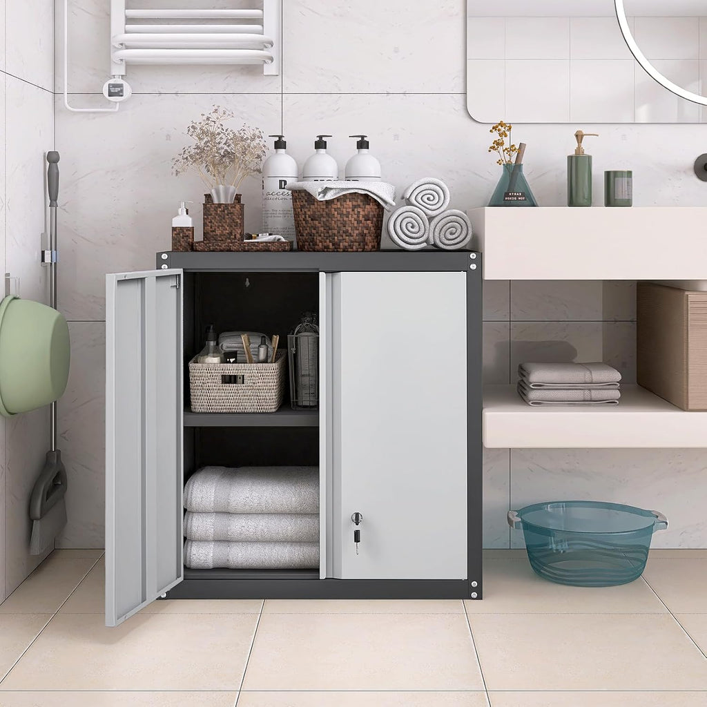 LUCYPAL Garage Wall Cabinet,Metal Wall Storage Cabinet with Adjustable Shelf and Locking Doors,Floating Utility Cabinets for Warehouse/Basement/Kitchen (Black&Grey,27.95" H)