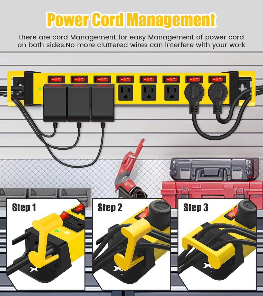Heavy Duty Power Strip with Individual Switches,8 Outlets 14 Gauge Industrial Shop Garage Metal Multiple Outlets,1200J Surge Protector Mountable Power Strip,6FT Extension Cord Management(Yellow)