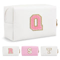 Personalized Makeup Bag Initial A-Z Preppy Patch Bag,Small PU Leather Travel Cosmetic Bag Pouch with Zipper,White Cute Toiletry Bag,Gift Ideal for Teen Girls Women Birthday Friend Mom,Letter Q