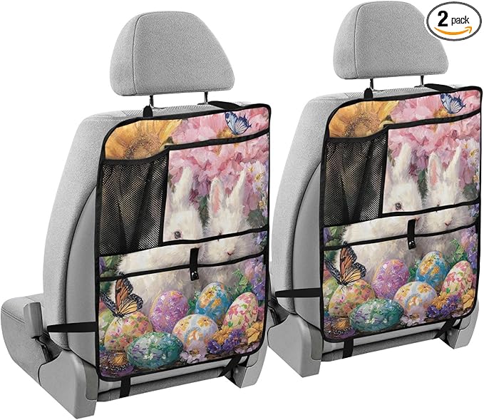 2 Pack Back Seat Car Organizer with Storage Pockets Kick Mats Back Seat Protector Hanging Car Organizer Automotive Seat Back Cover Organizers Easter Bunny Eggs Sunlowers