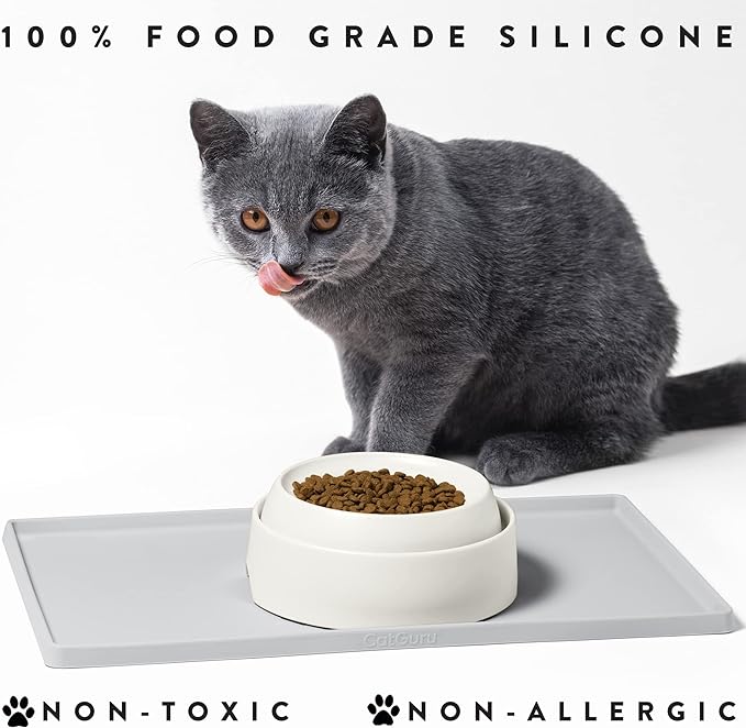 CatGuru Cat Food Mat, Small & Large Pet Feedingd Mat, 100% Waterproof Cat Mats for Food and Water, Silicone Mats for Pet Bowls, Non-Slip Placemat for Water Bowl or Fountain (Large, Silver)