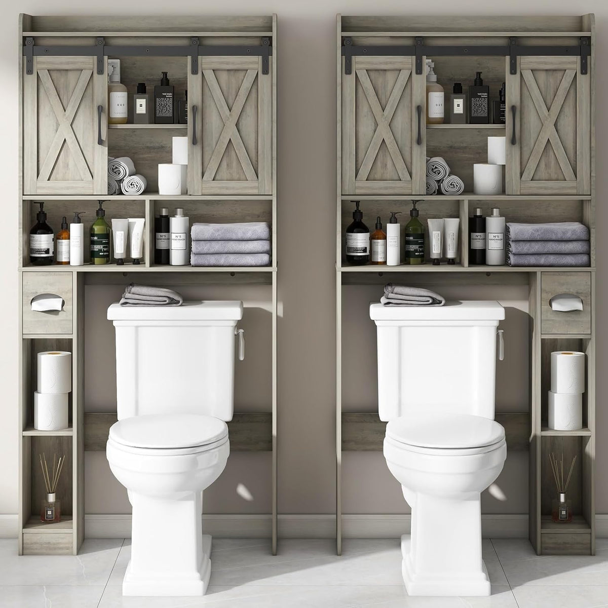 Vabches Over The Toilet Storage Cabinet, Farmhouse Storage Cabinet Over Toilet with Sliding Door& Toilet Paper Holder Stand，Home Space-Saving Toilet Rack, for Bathroom, Restroom, Laundry