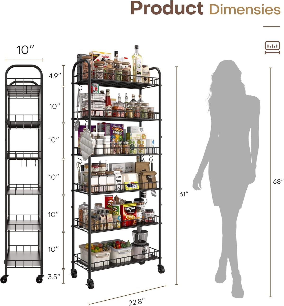 6 Tier Slim Storage Cart with Wheels, Metal Mobile Shelving Unit Organizer Utility Cart for Office Bathroom Kitchen Laundry Room Narrow Places (10inches)