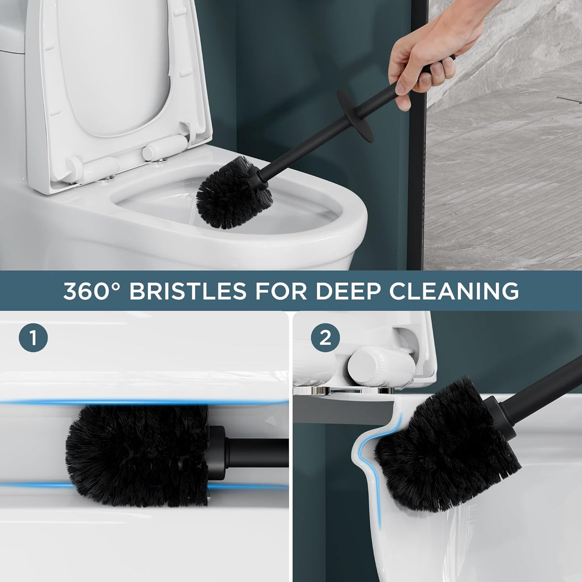 FORIOUS Toilet Brush and Holder Set Black, Heavy Duty 304 Stainless Steel Base and Long Handle Toilet Bowl Cleaners Brush, for Bathroom Storage and Organization, 2 Brush Head