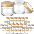 2 oz Glass Jars with Plastic Woodgrain Lids, Bumobum 48 pack Round Clear Cream Jars with Black and White Labels & Inner Liners, Empty Cosmetic Containers for Cream, Lotion, Ointment