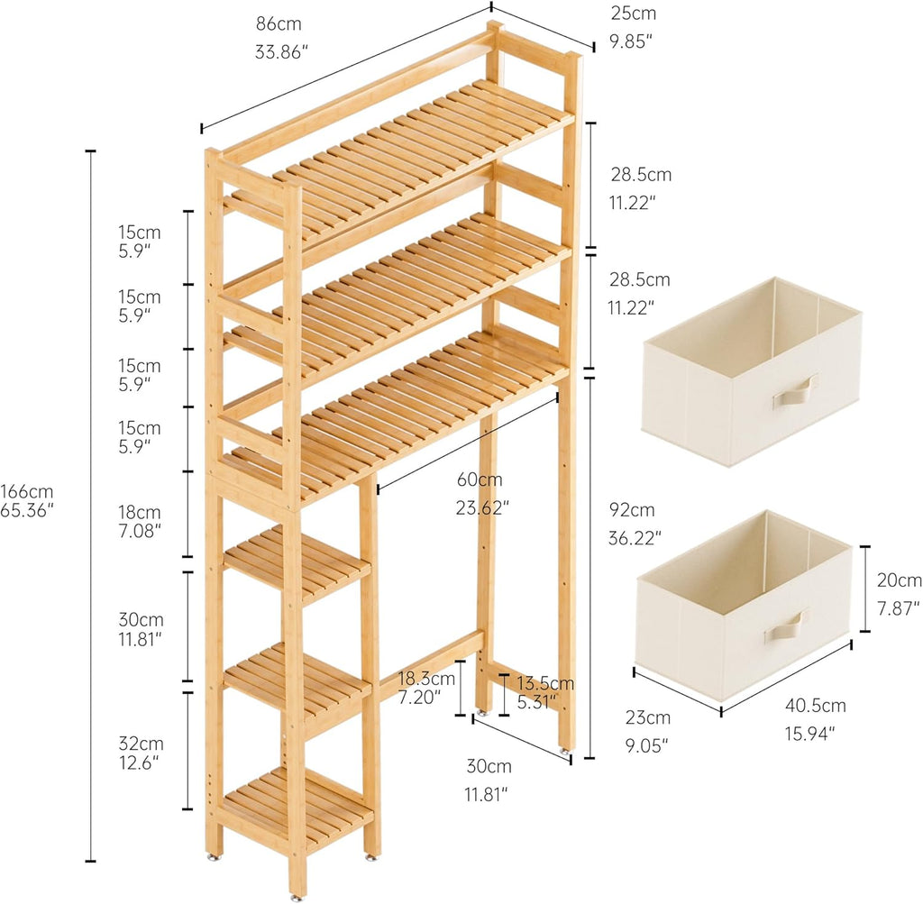 SMIBUY Over The Toilet Storage, Bamboo 6-Tier Bathroom Storage Shelf with Drawers, Freestanding Above Toilet Organizer Rack, Mass-Storage, Space Saver for Small Room (Natural)