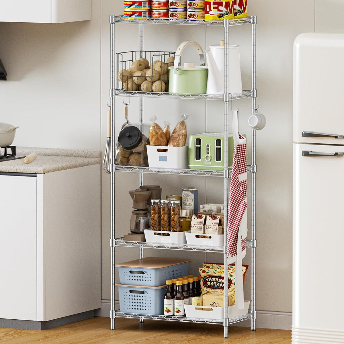 Storage Shelves,21.3" W x 11.8" D x 58.5" H Wire Shelving Unit Loads 550LBS,5-tier Adjustable Metal Utility Shelf,Garage Shelves with Liner and Hooks,Home Storage Rack for Kitchen,Laundry,Pantry
