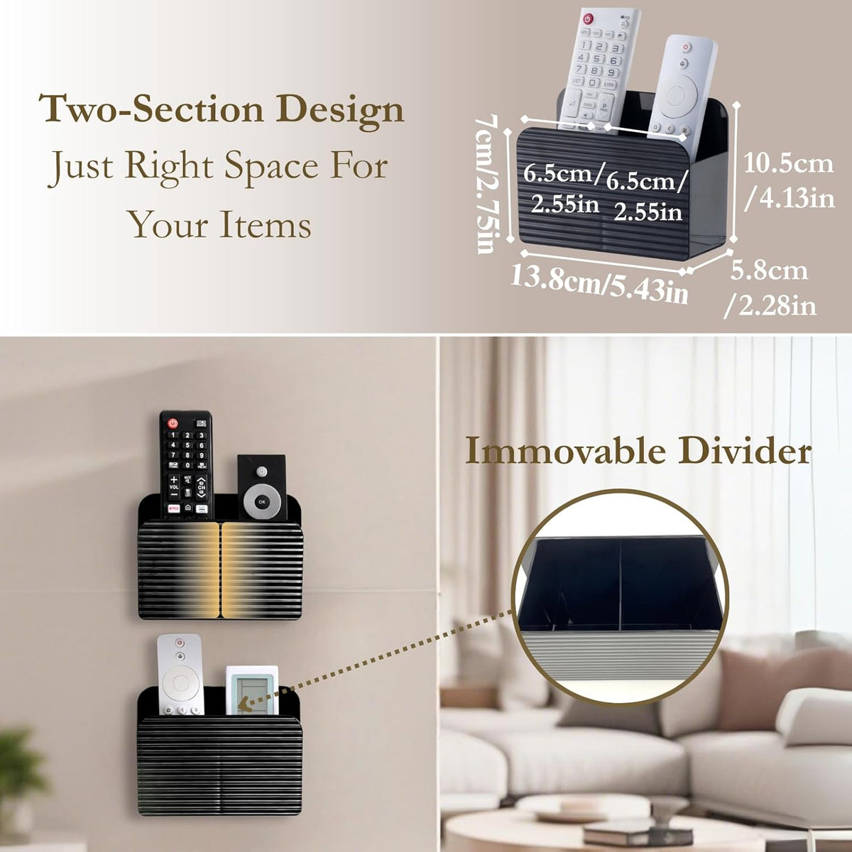 LINFIDITE Adhesive TV Remote Control Holder Wall Mount TV Remote Holder For Bedside Wall Remote Control Caddy Storage Organizer Stand Box （For 2 Or 4 Remote Controls – Black – Quantity 1）
