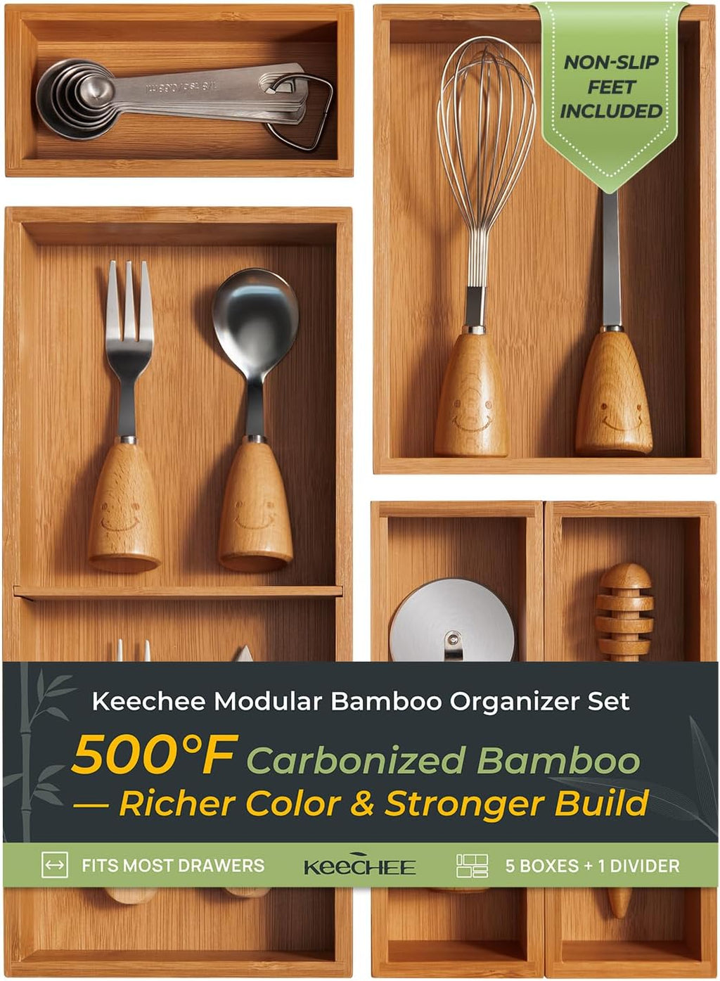 5-Piece Bamboo Drawer Organizer Set, 2.2" Deep Multi-Use Organizers for Utensils, Silverware, Cutlery, Desk, Bathroom, Junk Drawer & Makeup, Non-Slip Feet Included.