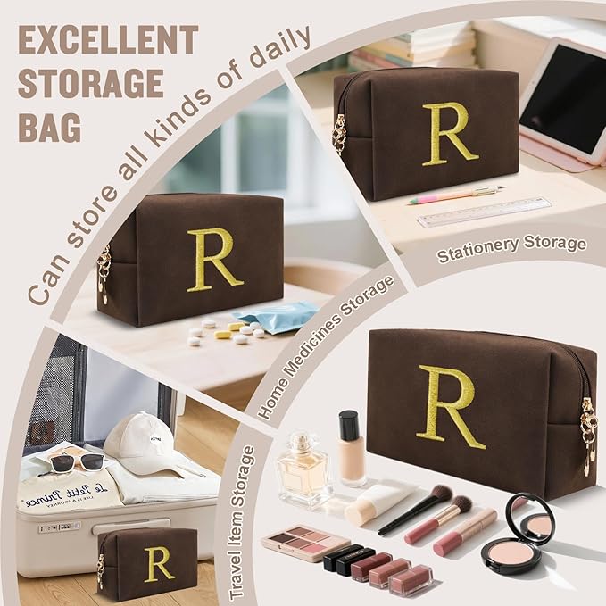 Personalized Initial Makeup Bag,Preppy Suede Cosmetic Bag for Teen Girls,Small Monogram Travel Toiletry Bag With Gold Embroidered Letter,Trendy Stuff Custom Christmas Gift for Women(Coffee-R)