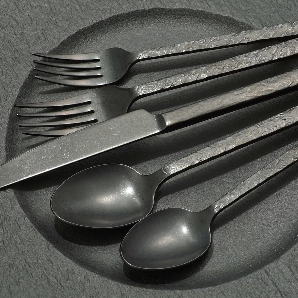 KINGSTONE 20 Pcs Black Hammered Silverware Set for 4, 18/10 Stainless Steel Heavy Duty Flatware Set, Tableware Cutlery Utensil Sets for Home Restaurant Dishwasher Safe