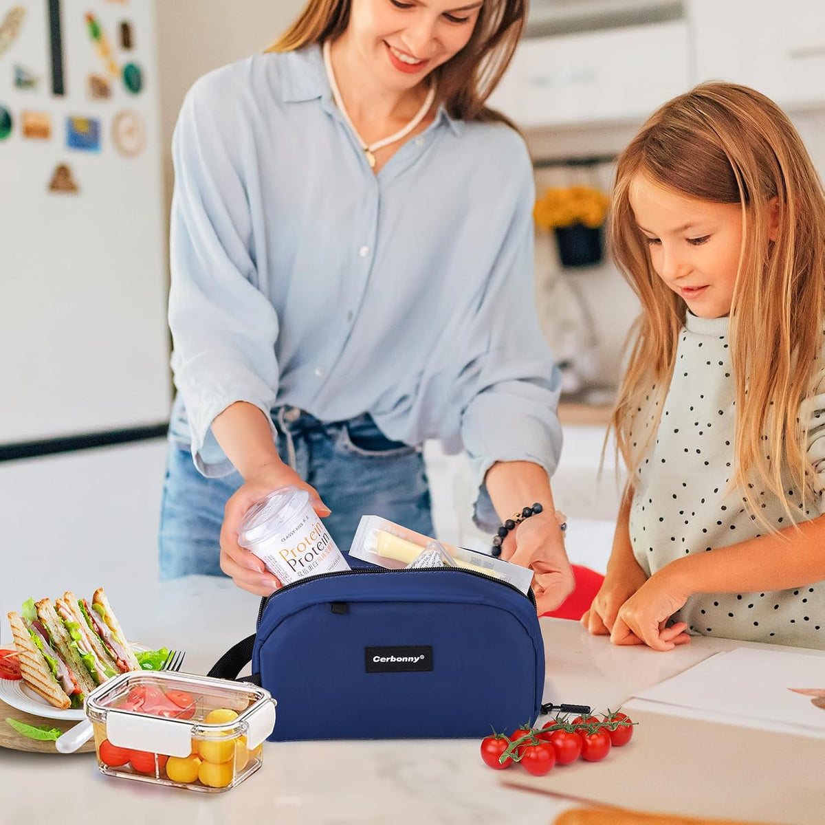 Cerbonny Reusable Lunch Bag, Freezable Insulated Cooler Bag, Leak-Proof, Portable, Navy Blue, 2.5L, 5x9x4 inches