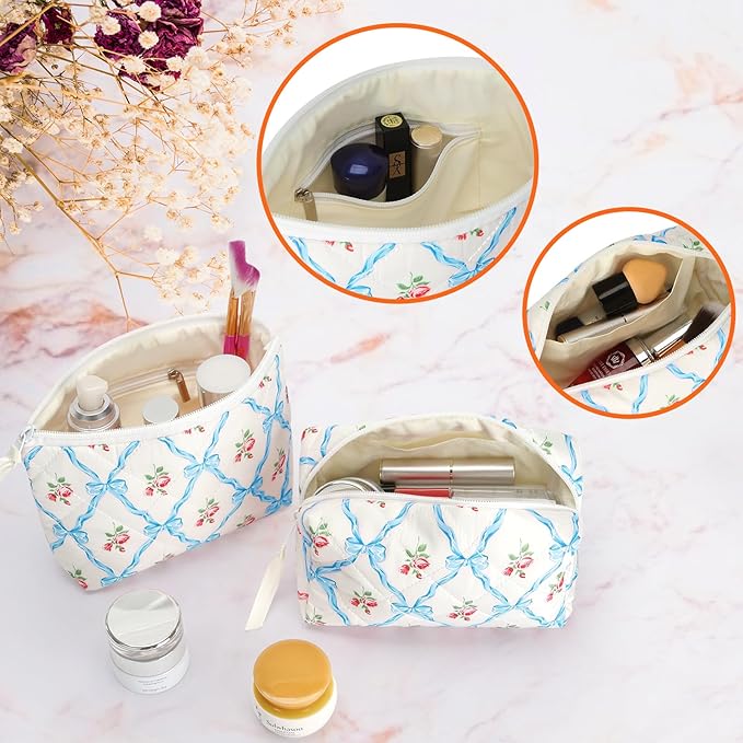 HAOGUAGUA 2 Pieces Makeup Bag, Small Large Quilted Cosmetic Bag, Travel Floral Make Up Toiletry Organizer Bag for Women Girls (2PCS STYLE A-3)