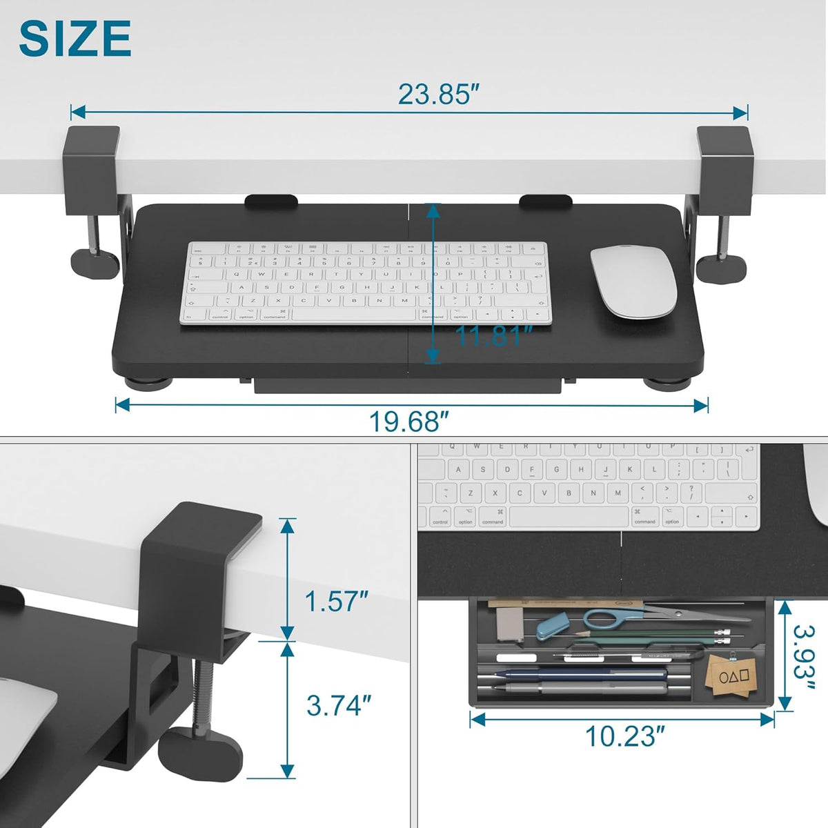 ETHU Keyboard Tray Under Desk, 19.7" X 11.81" Small Size Keyboard Drawer with C Clamp-on Mount Easy to Install, Computer Keyboard Stand Slide Pull Out, Ergonomic Keyboard Tray for Home & Office, Black