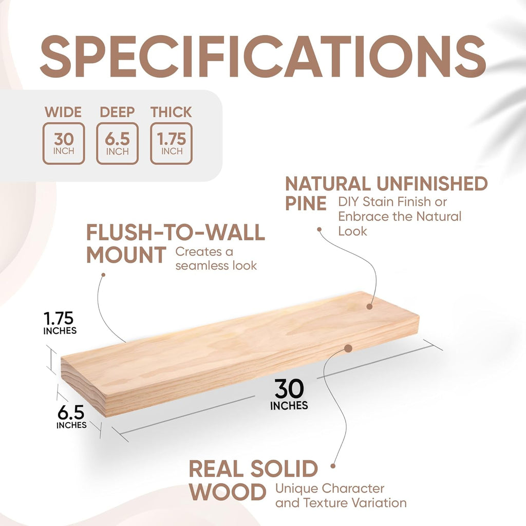 Homeforia 30 inch Wood Floating Shelves, High End Solid Natural Wood 30inch Floating Shelf for Wall, Unfinished Wooden 30 inches Floating Shelves, Heavy Duty Bracket, 30 X 6.5 X 1.75 in, Set of 3