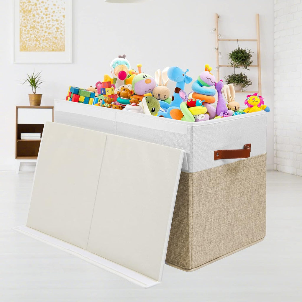Large Toy Storage Box with Lid, Sturdy Toys Storage Chest Bin Organizer Basket with Dividers for Kids, Boys, Girls, Nursery, Closet, Bedroom, Playroom 25"x13" x16" (Beige and White)