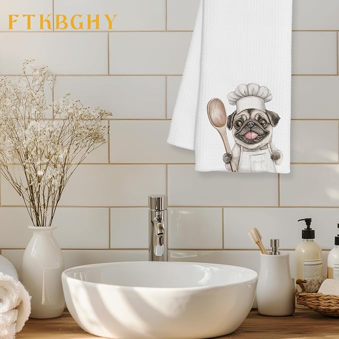 Funny Pug Chef Kitchen Towels, Gifts for Pug Lovers, Chef Gifts for Women Men, Funny Dog Decorative Dish Hand Tea Towels for Kitchen Bakery, 16x24 Inch