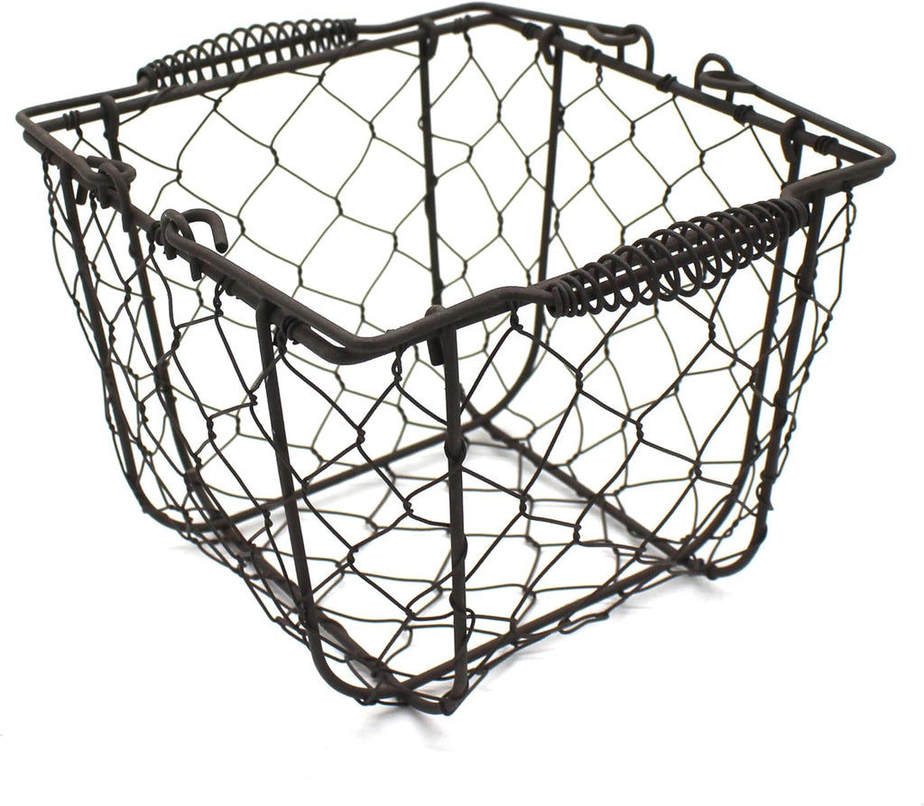 CVHOMEDECO. Square Chicken Wire Egg Basket Fruit Basket with Swing Handles Primitives Vintage Gathering Basket. Rusty