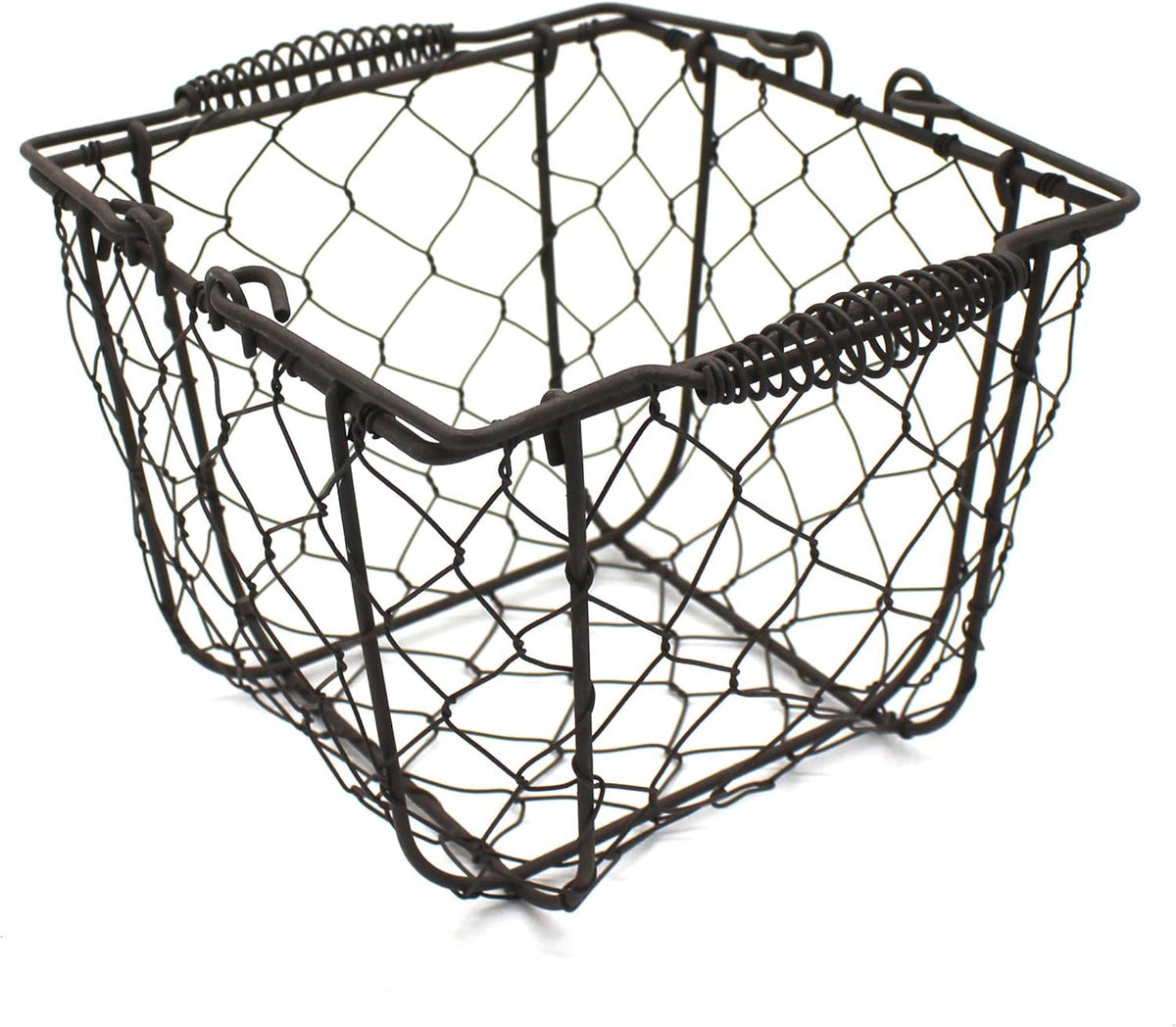 CVHOMEDECO. Square Chicken Wire Egg Basket Fruit Basket with Swing Handles Primitives Vintage Gathering Basket. Rusty