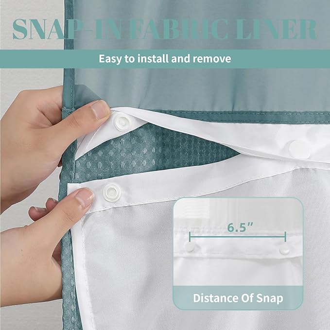 eachope SeawedGreen No Hook Waffle Weave Shower Curtain with snap-in Liner Replacement, 230GSM Waterproof Fabric Hotel Shower Curtain Set for Bathroom, Through Mesh Top Window,71Wx74H