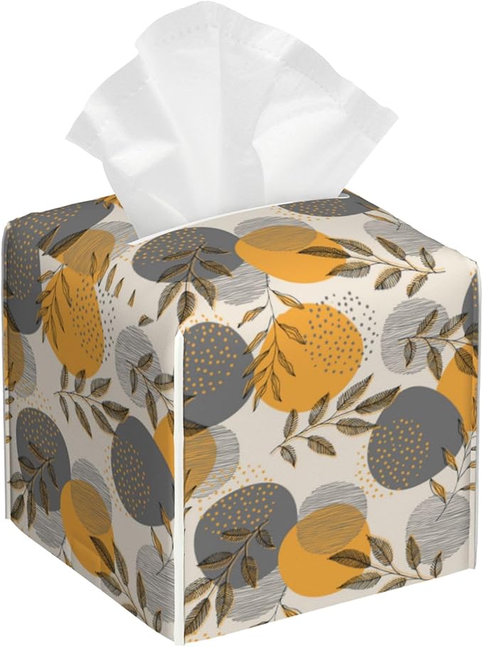 Boho Abstract Leaves Tissue Box Cover Square,Linear Boho Leaves and Geometric Tissue Box Holder Waterproof Leather Facial Paper Organizer Dispenser for Bathroom Home Car Nightstand Vanity Desk