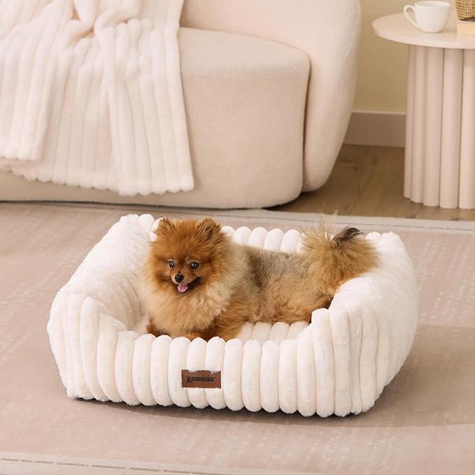 ZOMISIA Large Cat Beds - Orthopedic Dog Bed for Medium Dogs, Rectangle Pet Bed with Fluffy Removable Washable Cover, 25x21x9inches, Beige