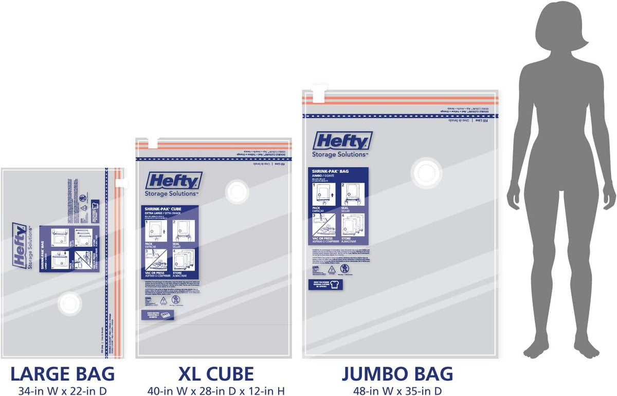 Hefty Shrink-Pak Starter Kit - 2 Large, 1 XL Cube, 1 Jumbo Vacuum Seal Storage Bag and Hand Pump – Space Saver Bags for Clothing, Pillows, Towels, or Blankets, 5 Pc Set