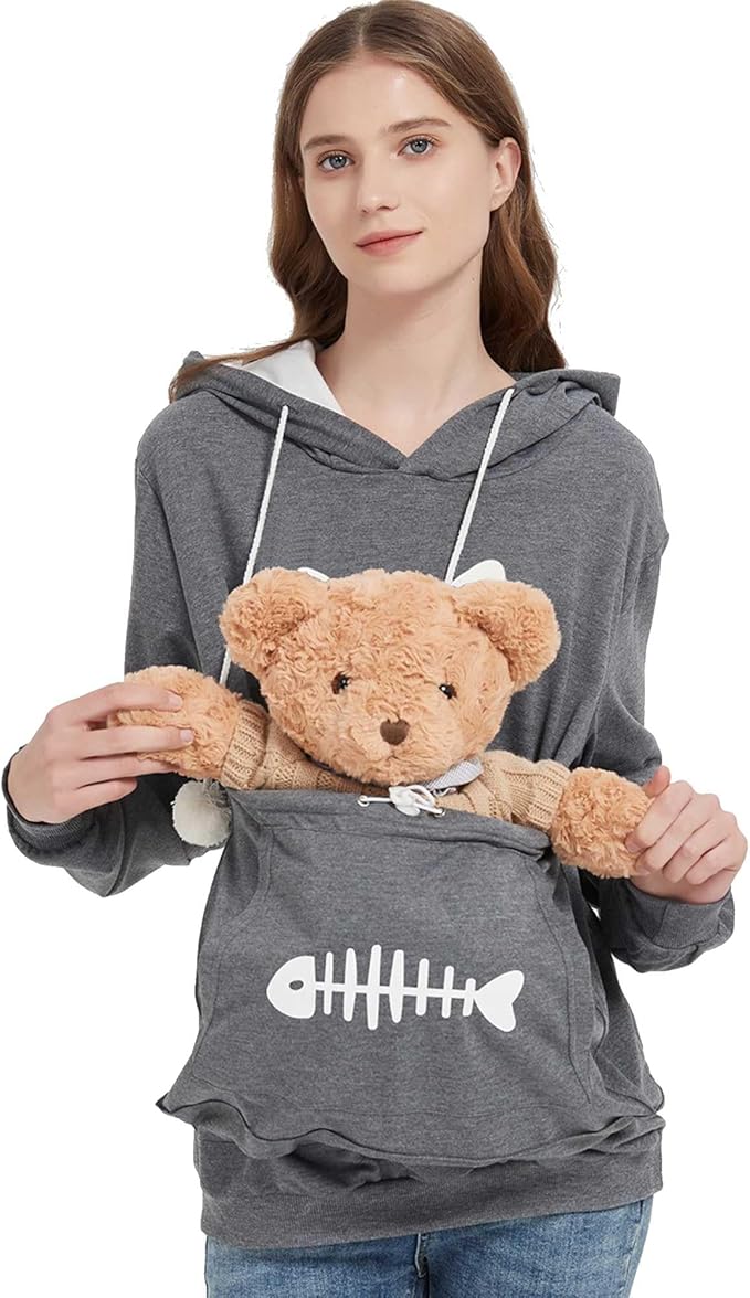 Gets Pet Cat Dog Pouch Hoodie Kitten Puppy Holder Carrier Pullover Long Sleeve Kangaroo Pocket Hoodie Unisex (Dark Grey,XL)