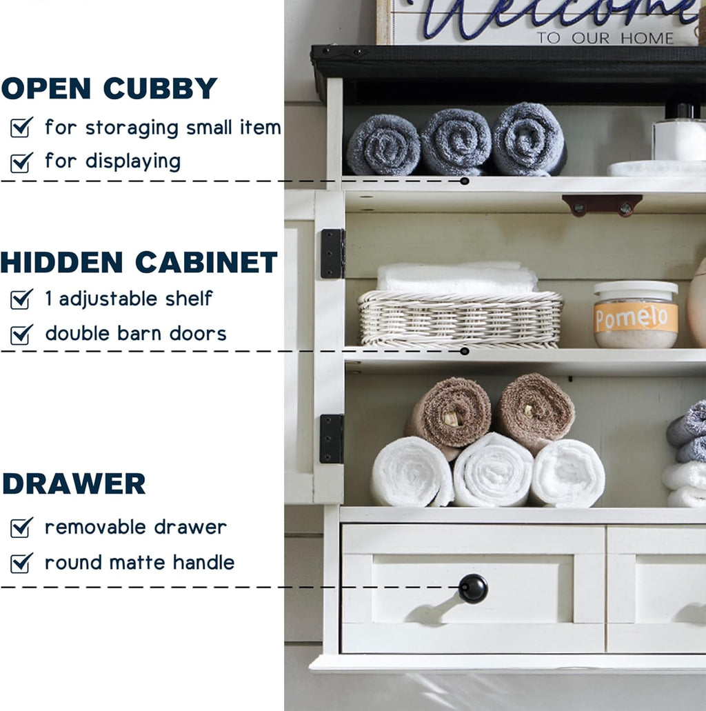 ACCOHOHO Bathroom Wall Cabinet, Farmhouse 24" Wide Medicine Cabinet with Drawer, Adjustable Shelf, Double Barn Doors, Storage Cabinets for Bathroom, Kitchen, Living Room, Off White