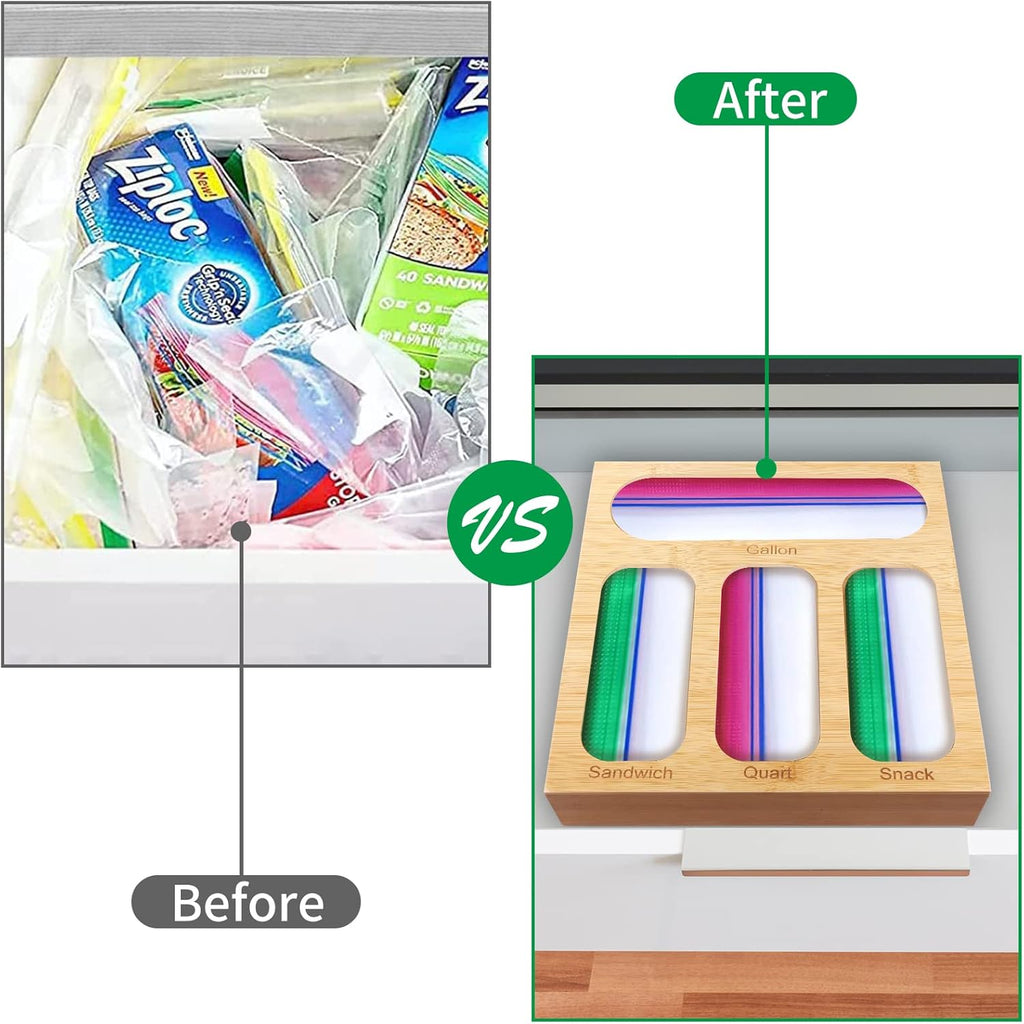 GAC Great American Classics Ziplock Bag Organizer - Kitchen Organizer for Sandwich Bags, Quart, Gallon, Snack – Natural Wood Plastic with Anti-Slip Pads – Space Saving and Practical Solution