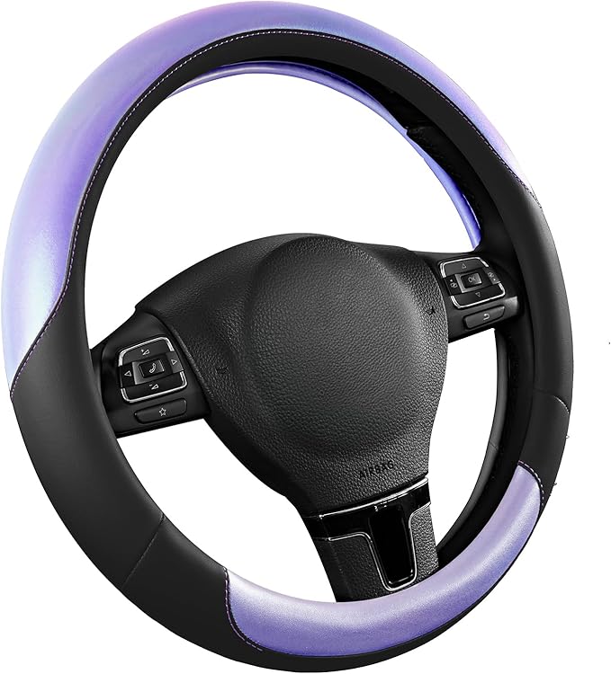 Road Comforts Steering Wheel Cover – Breathable Leather Steering Wheel Cover, Anti-Slip Grip, Universal Fit 14.5” to 15”, Heat & Cold Resistant for Cars, SUVs, and Trucks – Black & Shining Purple