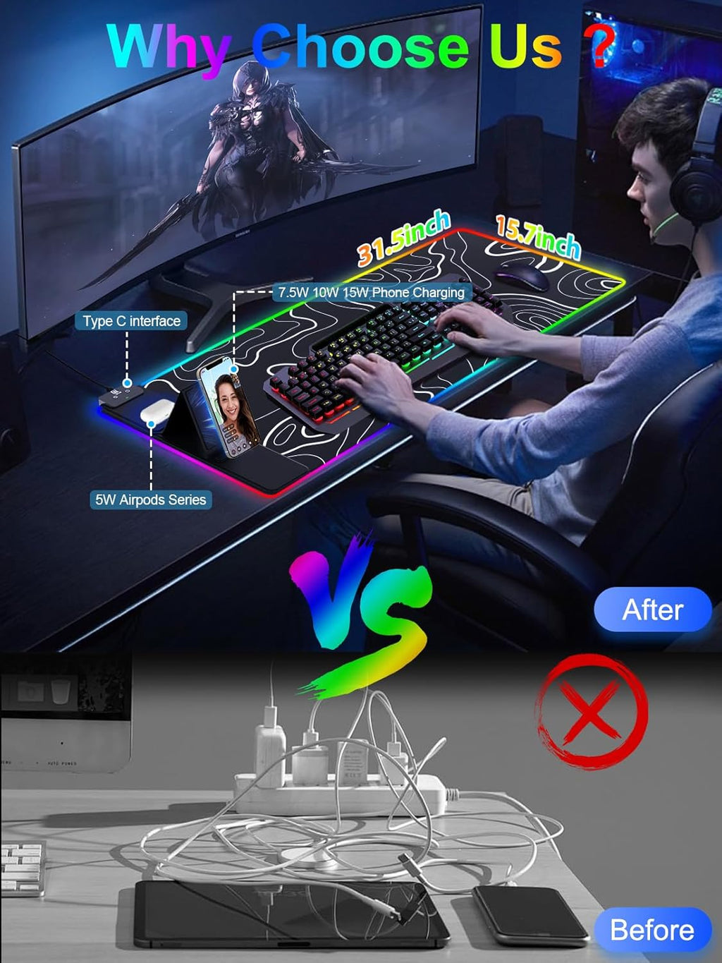XXL Mouse Pad with Phone Holder, RGB Desk Mat with 15W Fast Charging, LED Large Gaming Mouse Pad with 11 Lights Colors, Long Mouse Pads for Desk, Waterproof Non-Slip Gaming Pad for Gamer Esports Pros