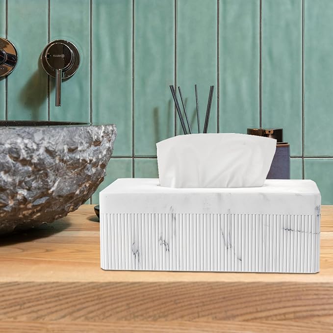 Marble Tissue Box Cover, Rectangular Napkin Facial Tissues Holder for Home Office, Hand Poured Marble Tissue Box Holder, 10 x 5.7 x 3.7 inches, White
