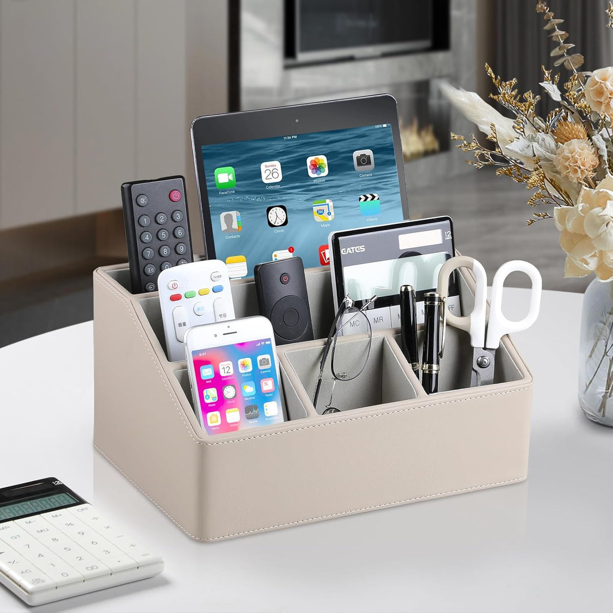 PU Leather Desk Organizer, Luxury Remote Control Holder for Home, Office Desk Accessories Table Caddy Bedside Nightstand Organizer (Dark Beige)