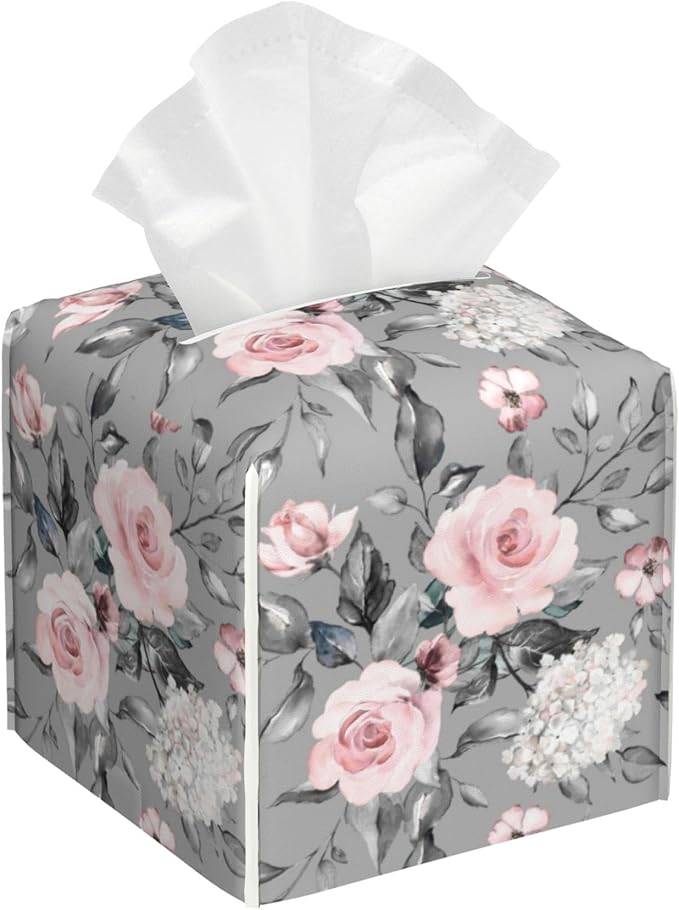 Pink Rose Flowers Tissue Box Cover Square,Colorful Spring Floral Tissue Box Holder Waterproof Leather Facial Paper Organizer Dispenser for Bathroom Home Car Nightstand Vanity Desk