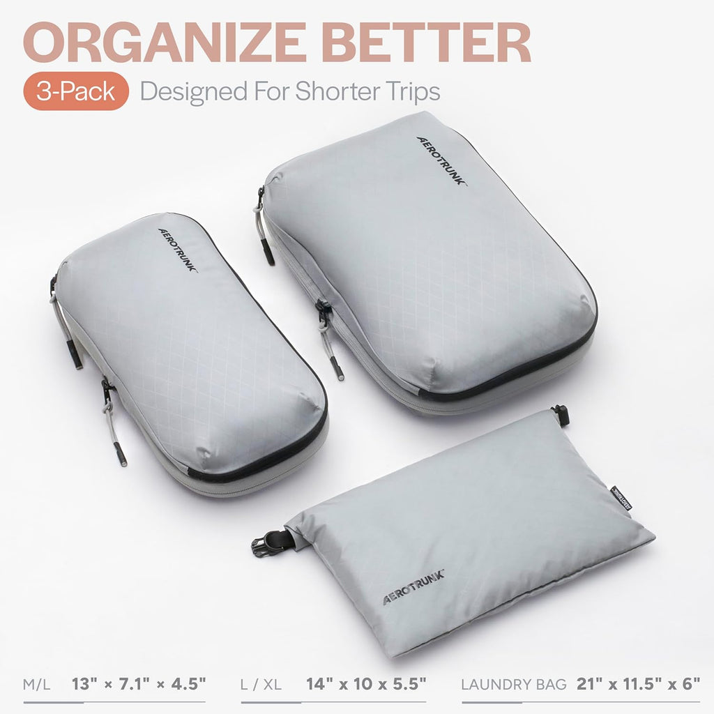 Aerotrunk Ultralight Compression Packing Cubes - Lightweight Travel Organizers for Suitcases and Luggage (3-Pack, Light Grey)