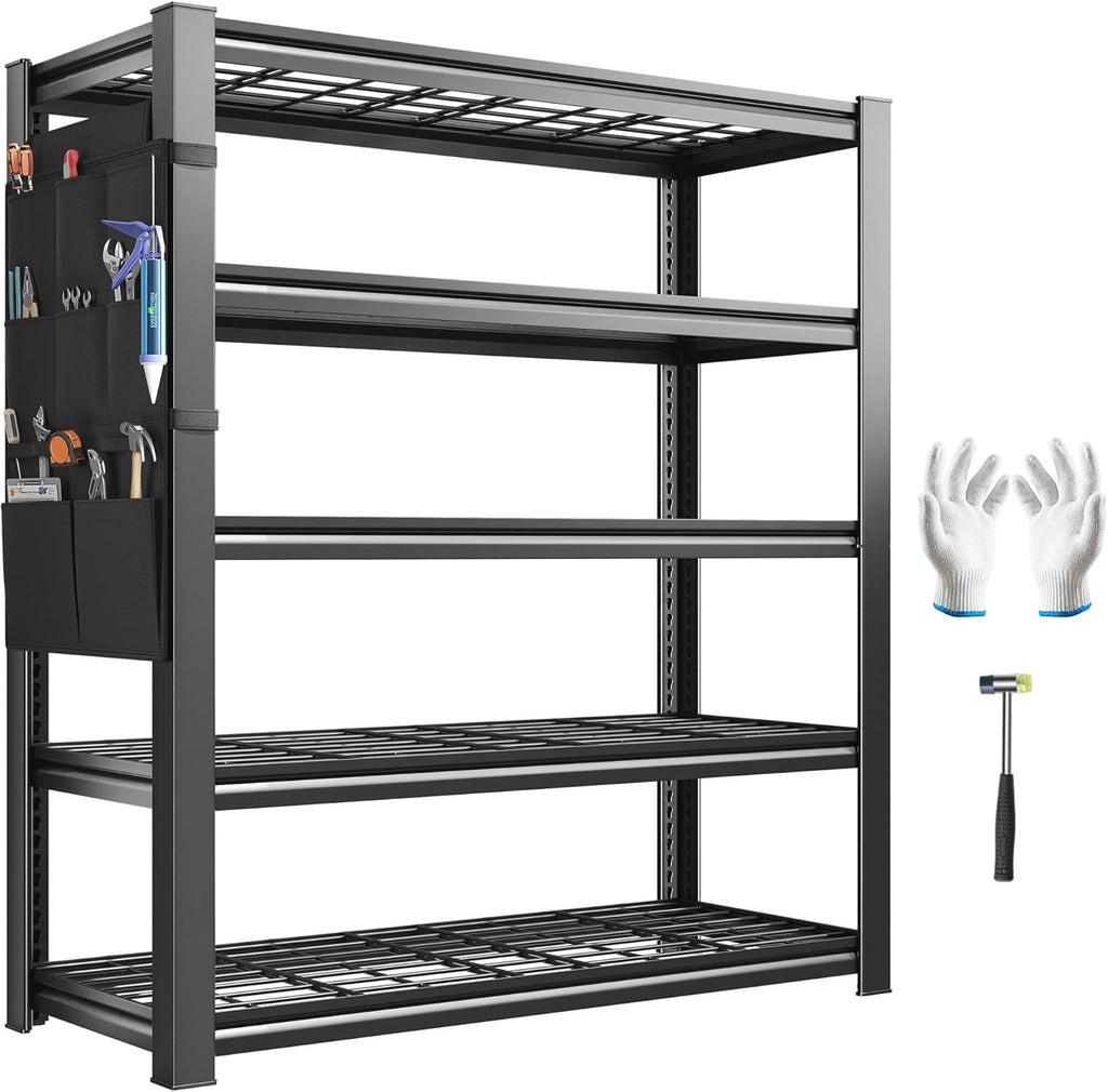 REIBII Storage Shelves, Heavy Duty Garage Shelving Load 2500LBS, 5-Tier Garage Shelves with Tool Storage Bag, Adjustable Industrial Metal Shelving for Basement, 66" H x38.2 W x16 D, Black