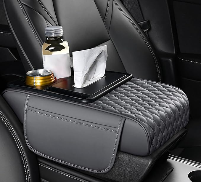 Car Armrest Center Console Cover for Chevrolet Suburban 2000–2025, Center Console Pad with Cup Holder, Multifunctional Armrest Cushion,D Grey