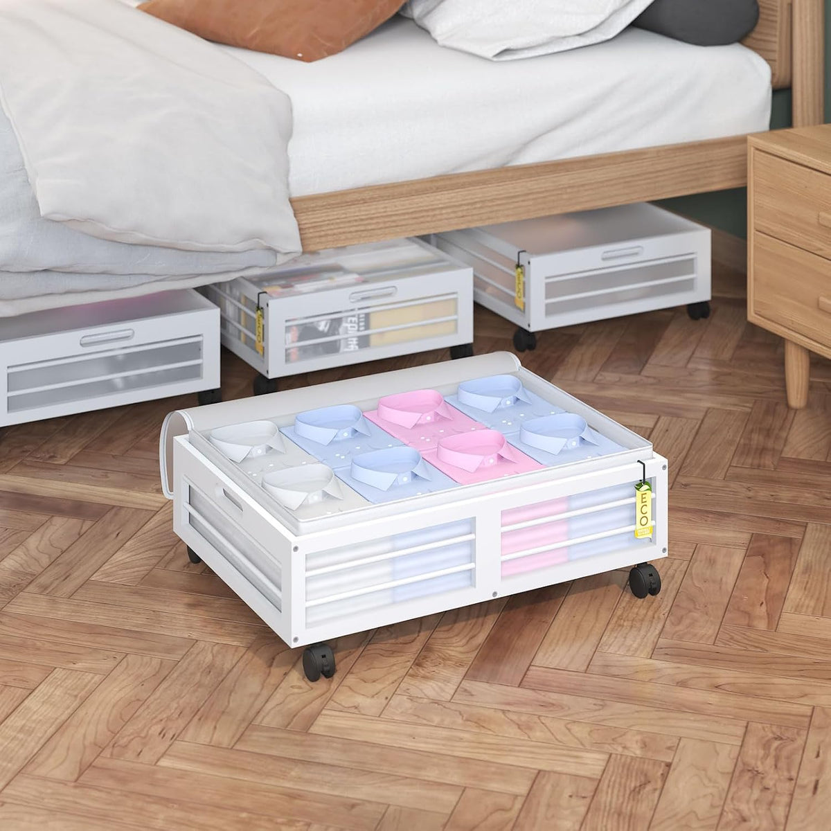 Bamboo Underbed Storage Containers with Wheels & Bag 2 Pack, Large Under Bed Rolling Storage Bins Wood Under Bed Clothes Storage Stackable Drawers for Bedroom Closet Under Crib Toy(White)